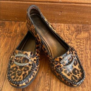 Brighton Leopard Leather Driver Moccasin Loafers Shoes Silver Buckle Size 8M